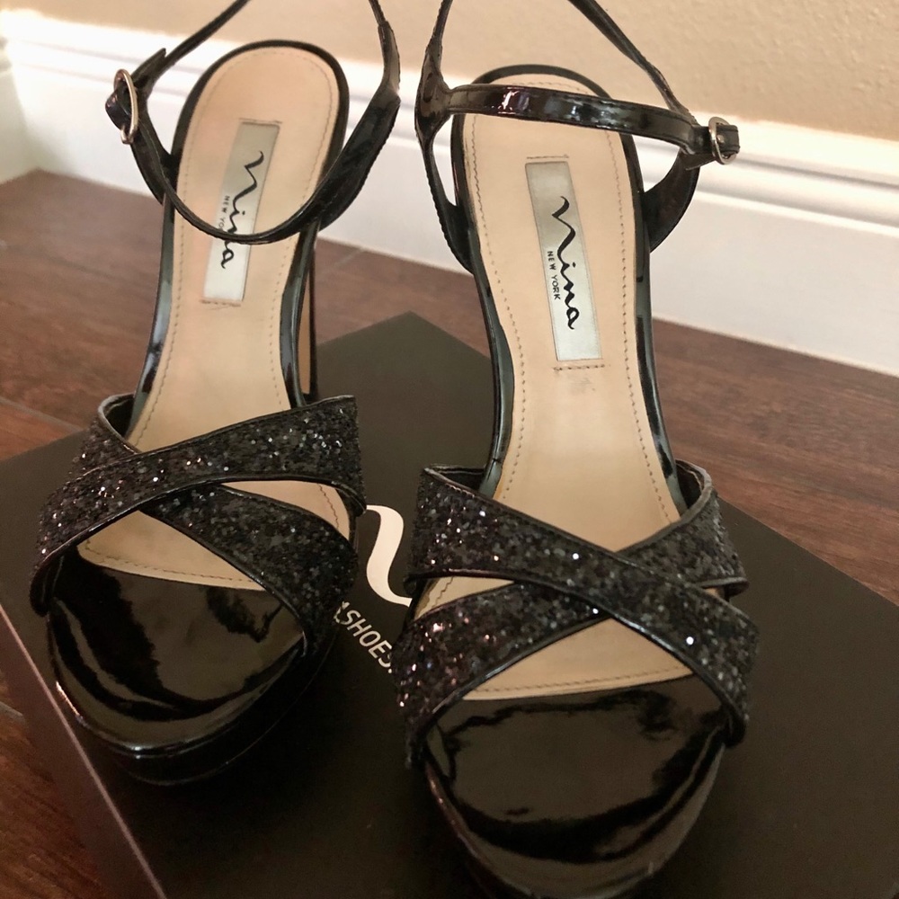Nina black glitter platform heels